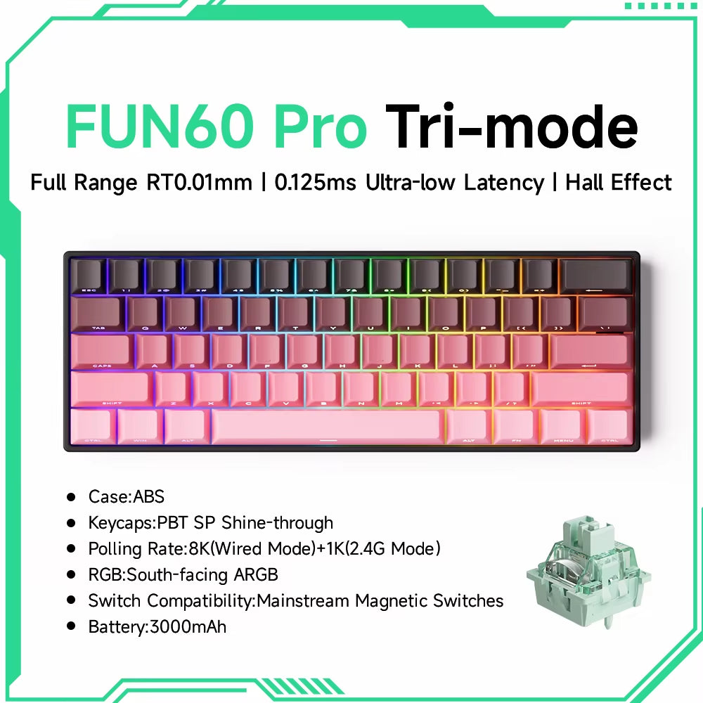 Monsgeek FUN60 60% Mechanical Gaming Keyboard - Magnetic Switch, 8K ARGB, Ultra-Fast 0.01mm Trigger, Customizable Design