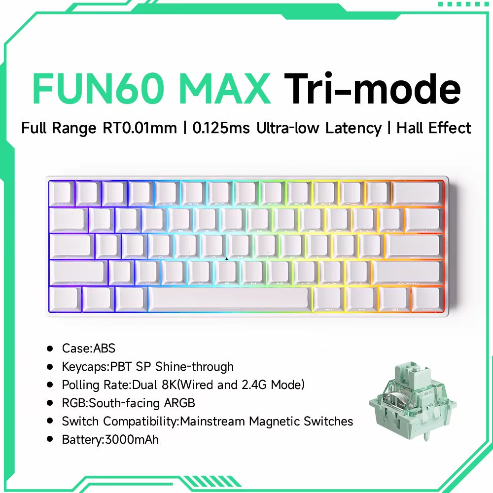 Monsgeek FUN60 60% Mechanical Gaming Keyboard - Magnetic Switch, 8K ARGB, Ultra-Fast 0.01mm Trigger, Customizable Design