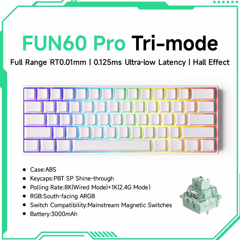 Monsgeek FUN60 60% Mechanical Gaming Keyboard - Magnetic Switch, 8K ARGB, Ultra-Fast 0.01mm Trigger, Customizable Design