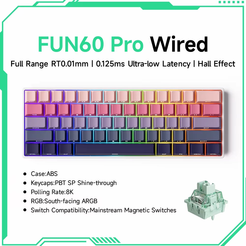 Monsgeek FUN60 60% Mechanical Gaming Keyboard - Magnetic Switch, 8K ARGB, Ultra-Fast 0.01mm Trigger, Customizable Design