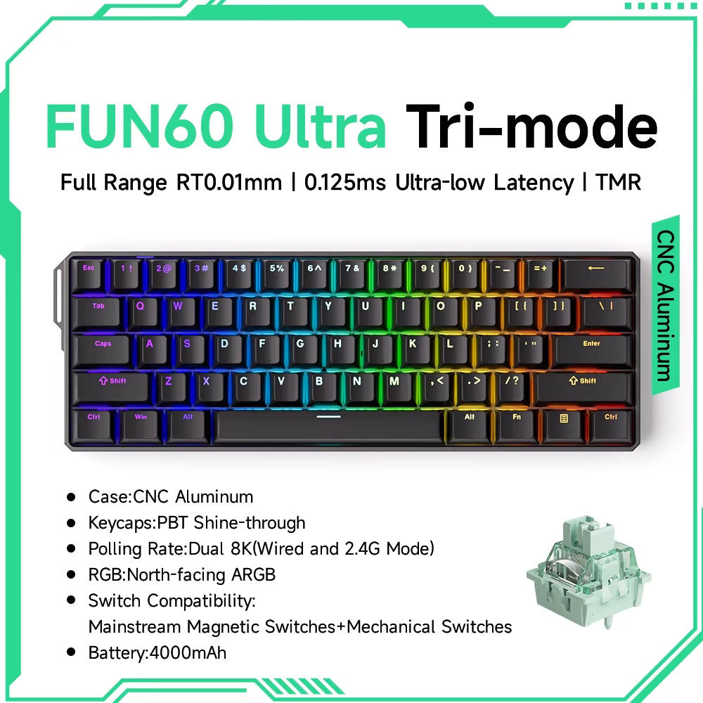 Monsgeek FUN60 60% Mechanical Gaming Keyboard - Magnetic Switch, 8K ARGB, Ultra-Fast 0.01mm Trigger, Customizable Design