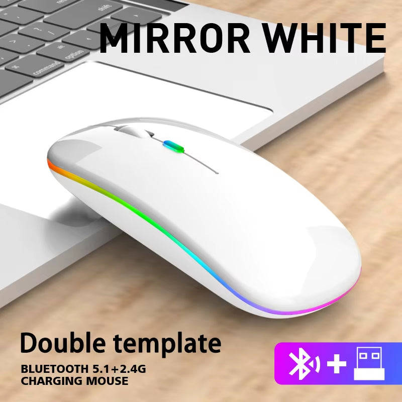 Dual Mode Wireless Mouse – Bluetooth & 2.4GHz, Rechargeable RGB, Ergonomic Silent Click for PC, Tablet, Laptop, Smartphone & TV