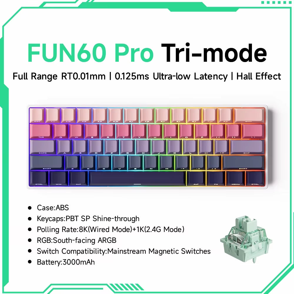 Monsgeek FUN60 60% Mechanical Gaming Keyboard - Magnetic Switch, 8K ARGB, Ultra-Fast 0.01mm Trigger, Customizable Design