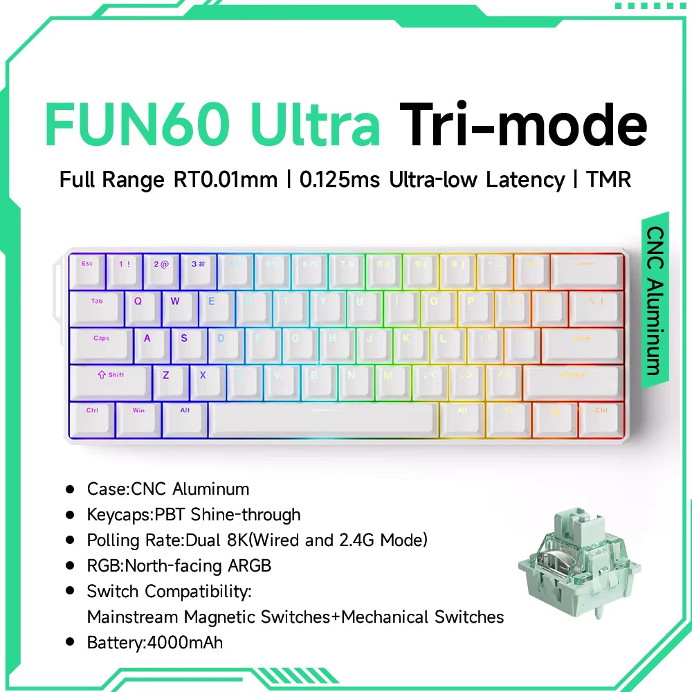 Monsgeek FUN60 60% Mechanical Gaming Keyboard - Magnetic Switch, 8K ARGB, Ultra-Fast 0.01mm Trigger, Customizable Design