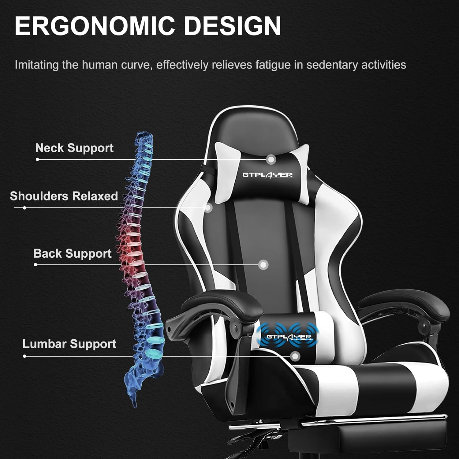 Gaming Chair, Computer Chair with Footrest and Lumbar Support, Height Adjustable Game Chair with 360°-Swivel Seat and Headrest and for Office or Gaming (White)