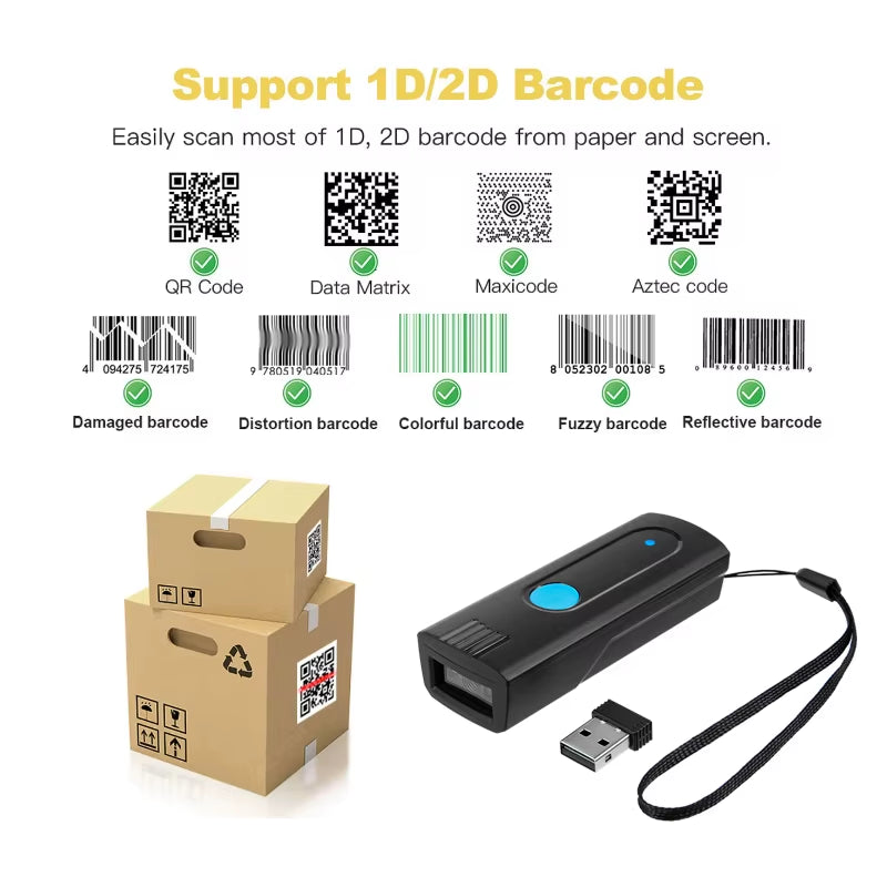 High-Speed Bluetooth Wireless Barcode Scanner - Compact Pocket Device for Easy Upload to Tablets, Phones, and Computers