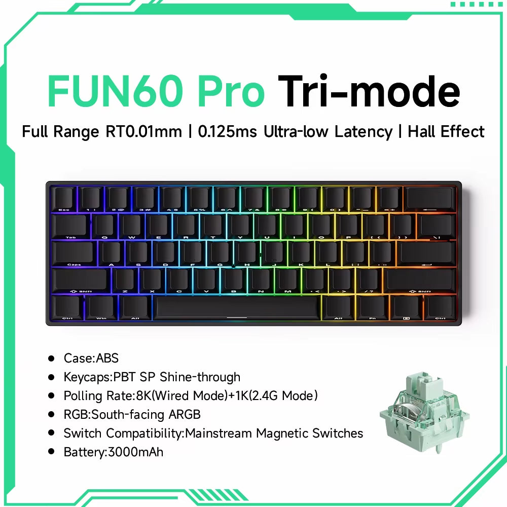 Monsgeek FUN60 60% Mechanical Gaming Keyboard - Magnetic Switch, 8K ARGB, Ultra-Fast 0.01mm Trigger, Customizable Design