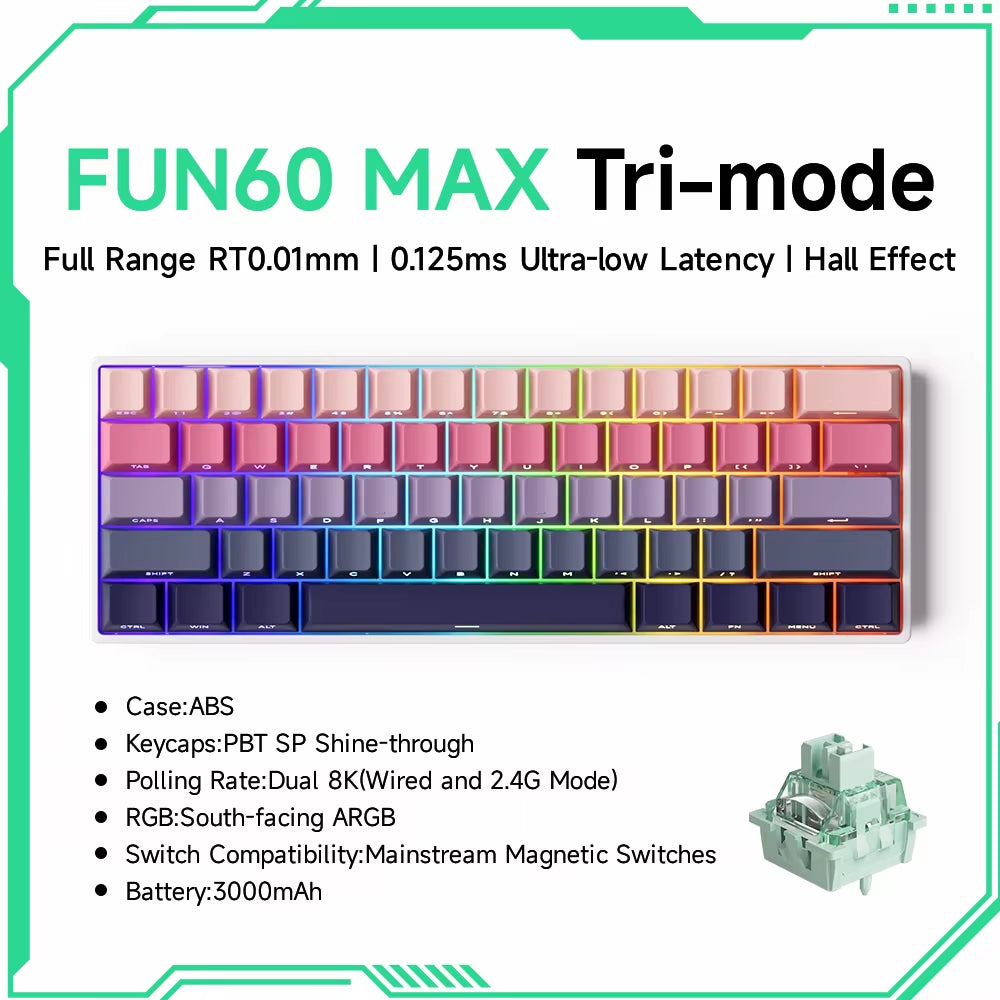 Monsgeek FUN60 60% Mechanical Gaming Keyboard - Magnetic Switch, 8K ARGB, Ultra-Fast 0.01mm Trigger, Customizable Design