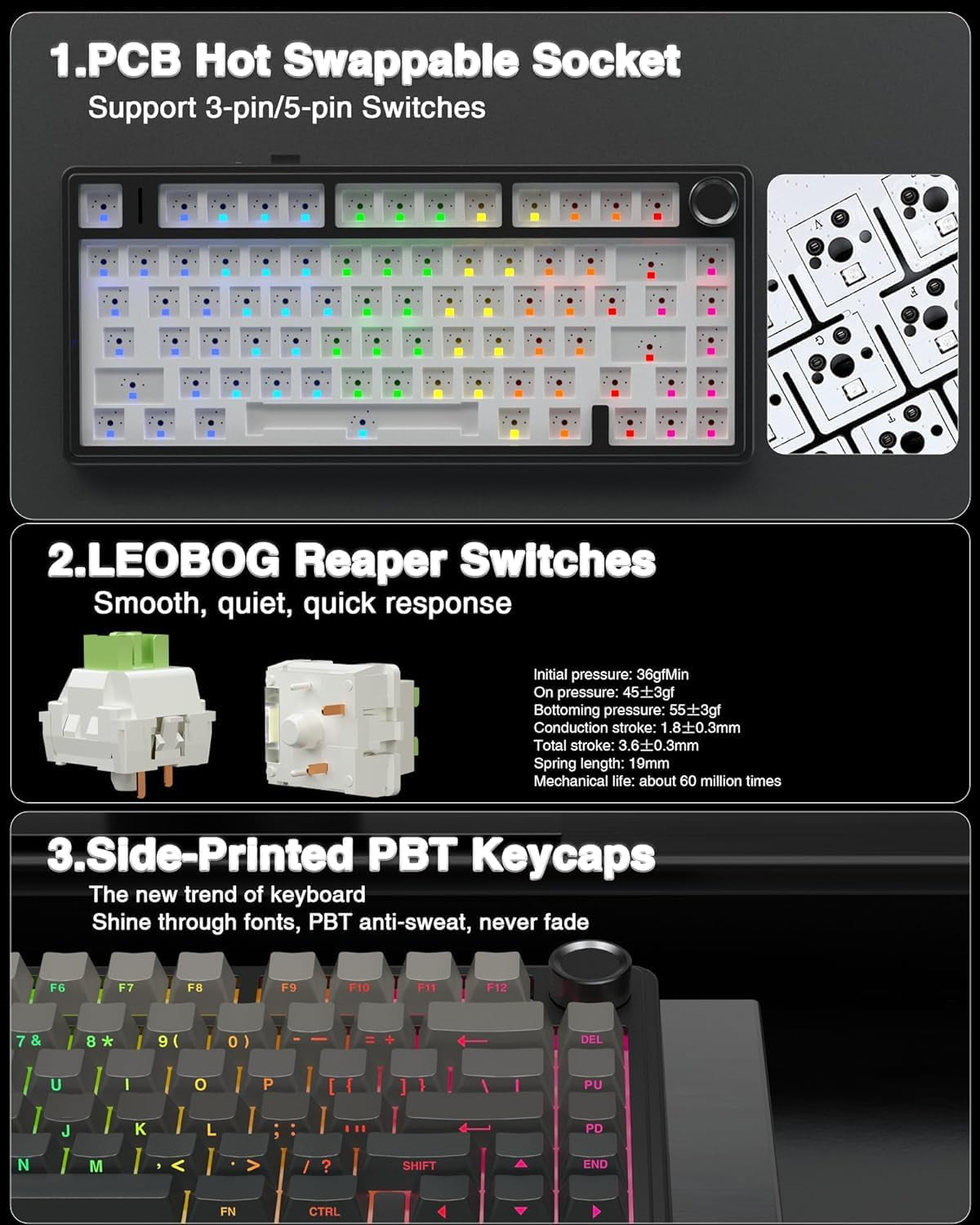 F75 Pro Wireless Mechanical Keyboard,75% Gasket Hot Swappable Custom Keyboard,Rgb Backlit,Pre-Lubed Reaper Switches,Side Printed PBT Keycaps,2.4Ghz/Usb-C/Bt5.0 Mechanical Gaming Keyboard