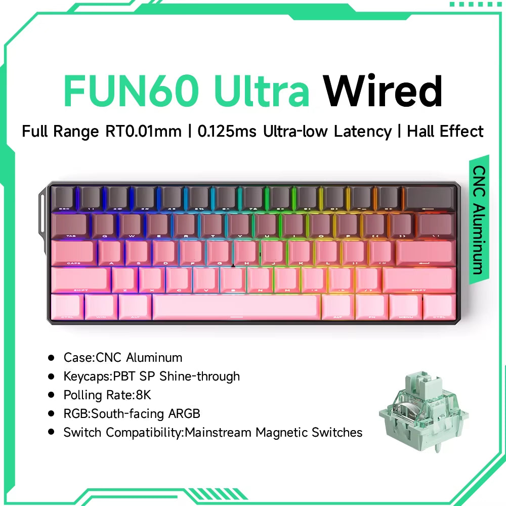 Monsgeek FUN60 60% Mechanical Gaming Keyboard - Magnetic Switch, 8K ARGB, Ultra-Fast 0.01mm Trigger, Customizable Design