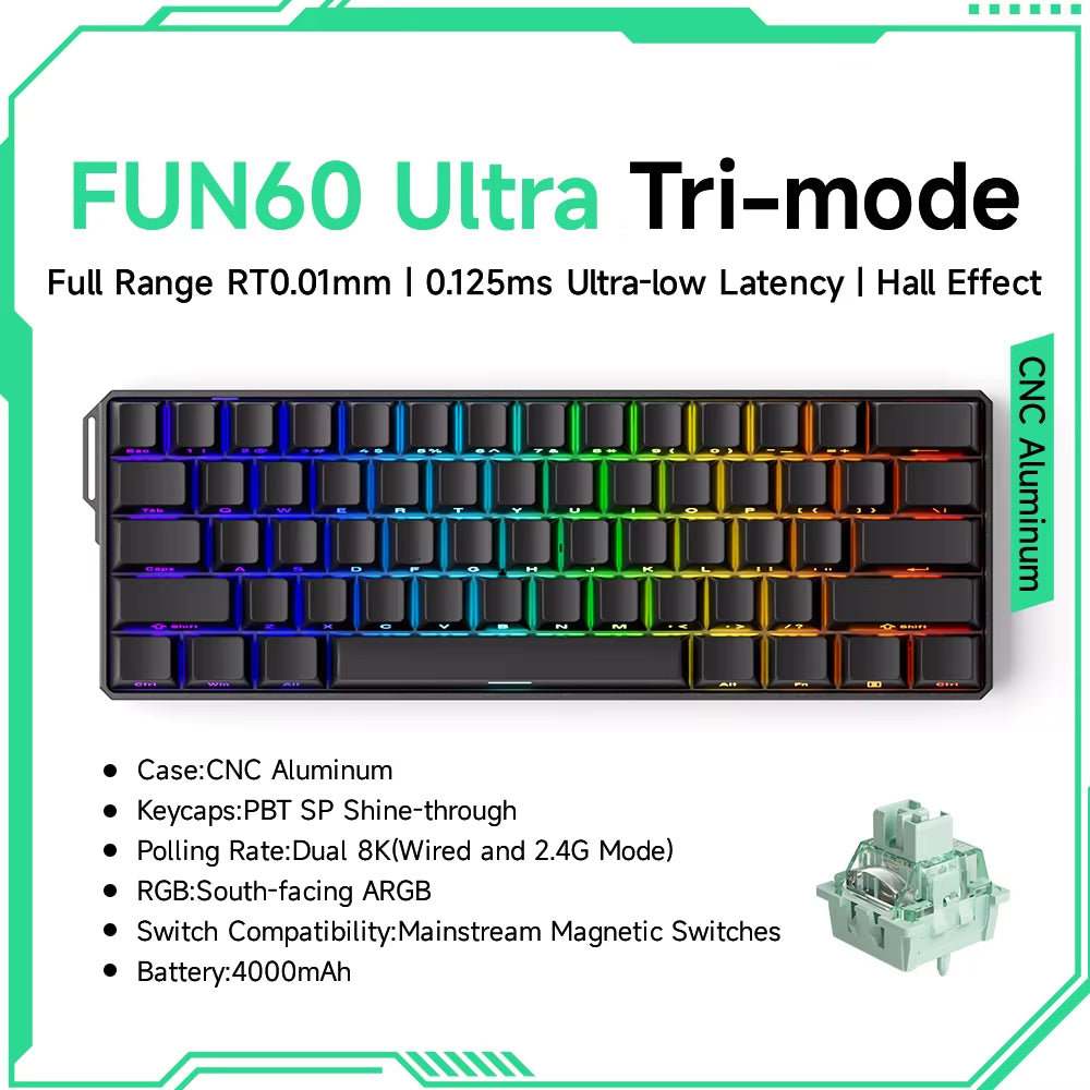 Monsgeek FUN60 60% Mechanical Gaming Keyboard - Magnetic Switch, 8K ARGB, Ultra-Fast 0.01mm Trigger, Customizable Design