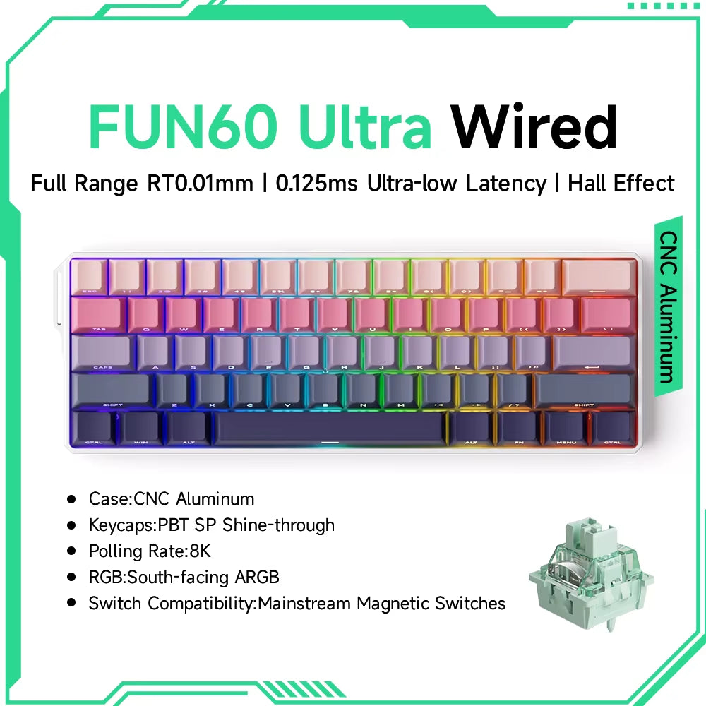 Monsgeek FUN60 60% Mechanical Gaming Keyboard - Magnetic Switch, 8K ARGB, Ultra-Fast 0.01mm Trigger, Customizable Design