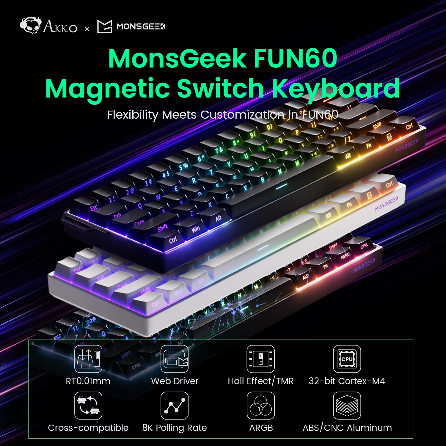 Monsgeek FUN60 60% Mechanical Gaming Keyboard - Magnetic Switch, 8K ARGB, Ultra-Fast 0.01mm Trigger, Customizable Design