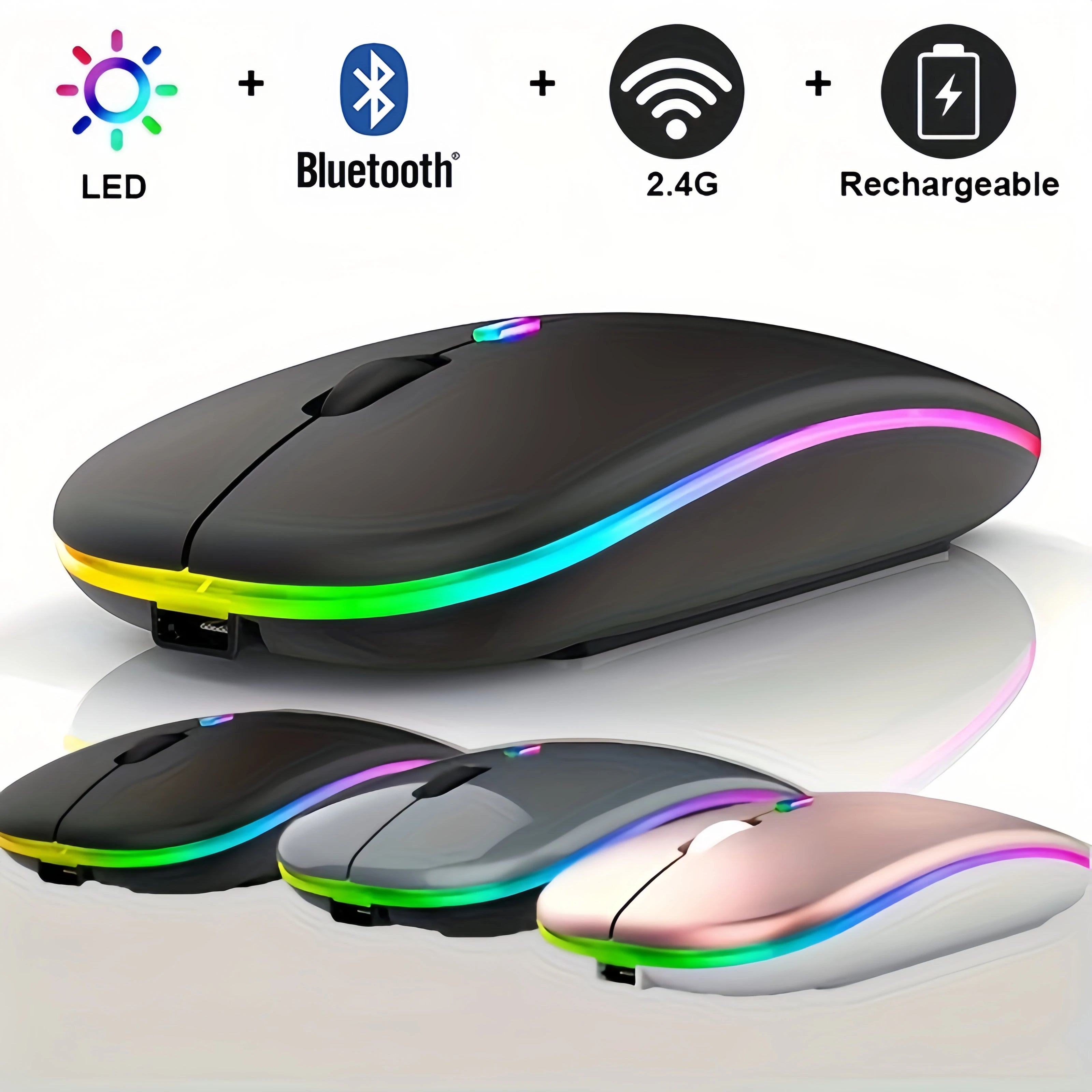 Dual Mode Wireless Mouse – Bluetooth & 2.4GHz, Rechargeable RGB, Ergonomic Silent Click for PC, Tablet, Laptop, Smartphone & TV