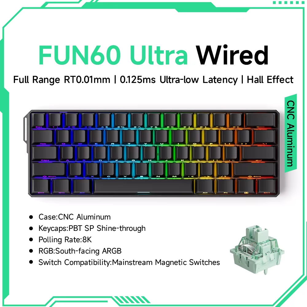 Monsgeek FUN60 60% Mechanical Gaming Keyboard - Magnetic Switch, 8K ARGB, Ultra-Fast 0.01mm Trigger, Customizable Design