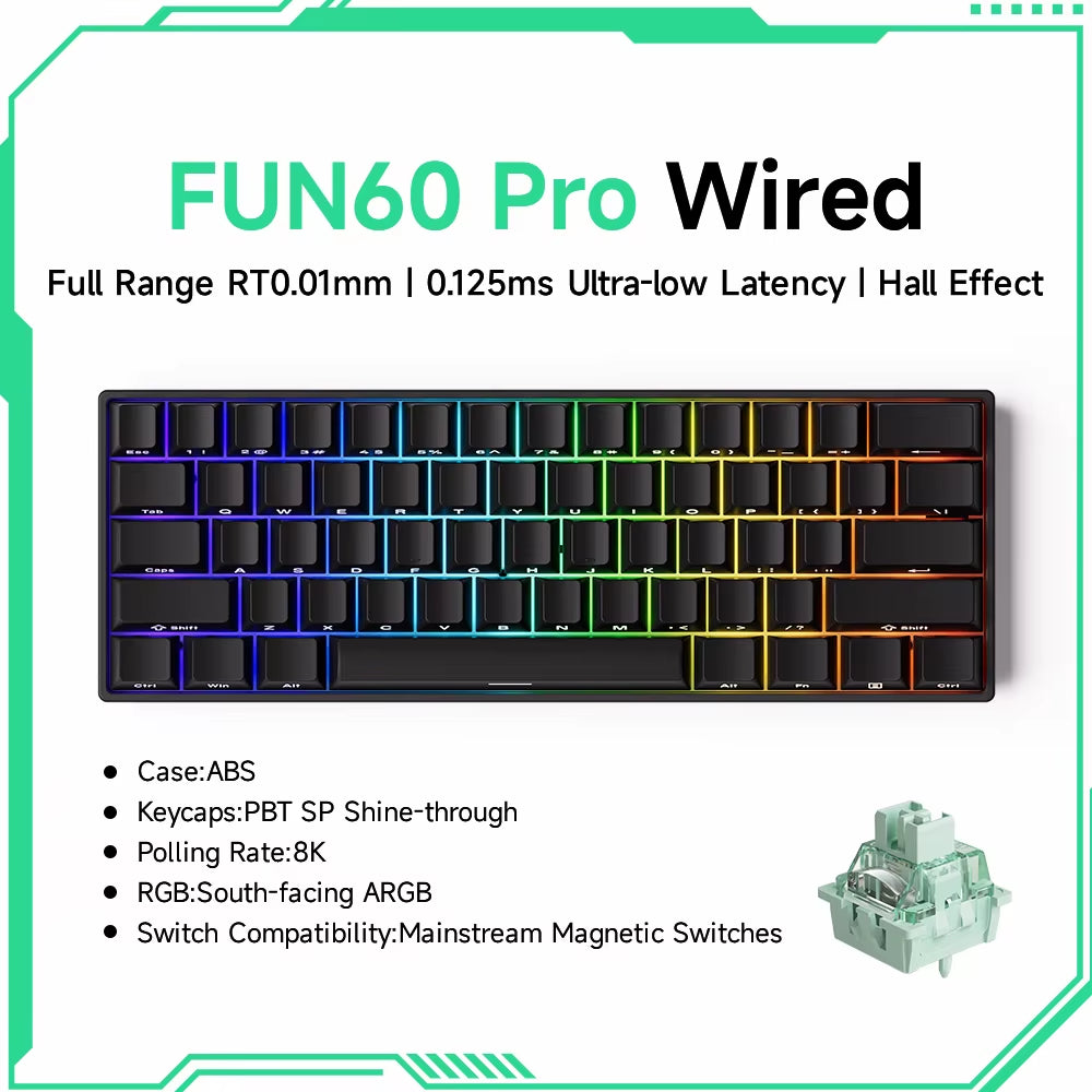 Monsgeek FUN60 60% Mechanical Gaming Keyboard - Magnetic Switch, 8K ARGB, Ultra-Fast 0.01mm Trigger, Customizable Design