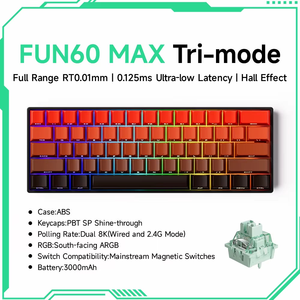 Monsgeek FUN60 60% Mechanical Gaming Keyboard - Magnetic Switch, 8K ARGB, Ultra-Fast 0.01mm Trigger, Customizable Design