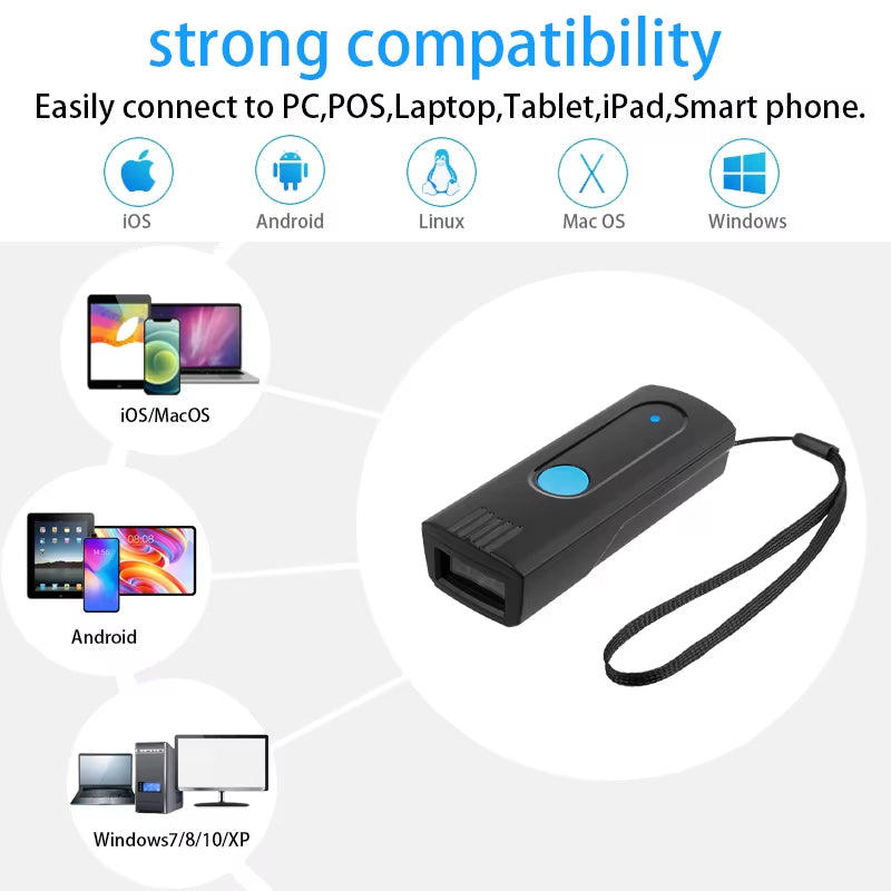 High-Speed Bluetooth Wireless Barcode Scanner - Compact Pocket Device for Easy Upload to Tablets, Phones, and Computers