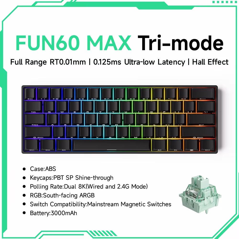 Monsgeek FUN60 60% Mechanical Gaming Keyboard - Magnetic Switch, 8K ARGB, Ultra-Fast 0.01mm Trigger, Customizable Design