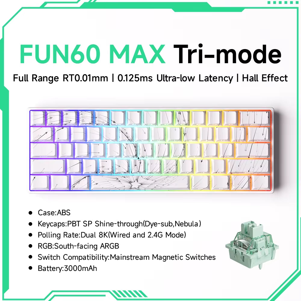 Monsgeek FUN60 60% Mechanical Gaming Keyboard - Magnetic Switch, 8K ARGB, Ultra-Fast 0.01mm Trigger, Customizable Design