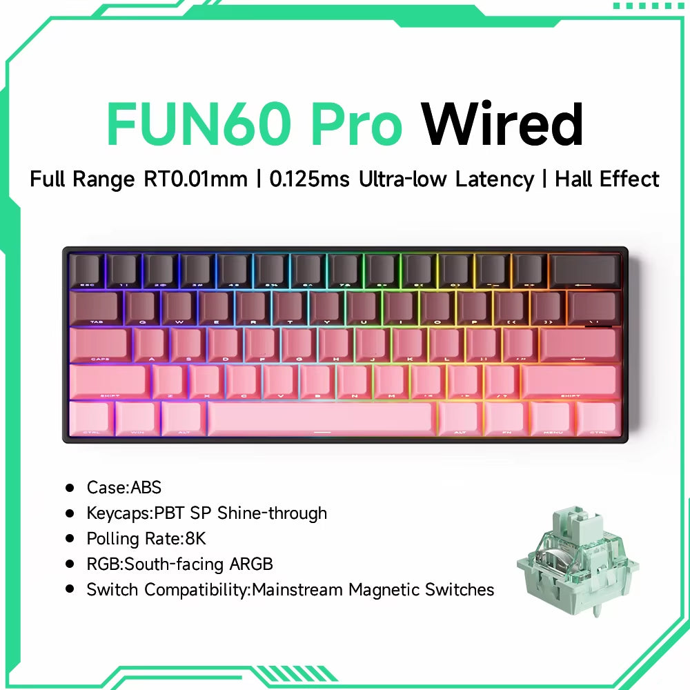 Monsgeek FUN60 60% Mechanical Gaming Keyboard - Magnetic Switch, 8K ARGB, Ultra-Fast 0.01mm Trigger, Customizable Design