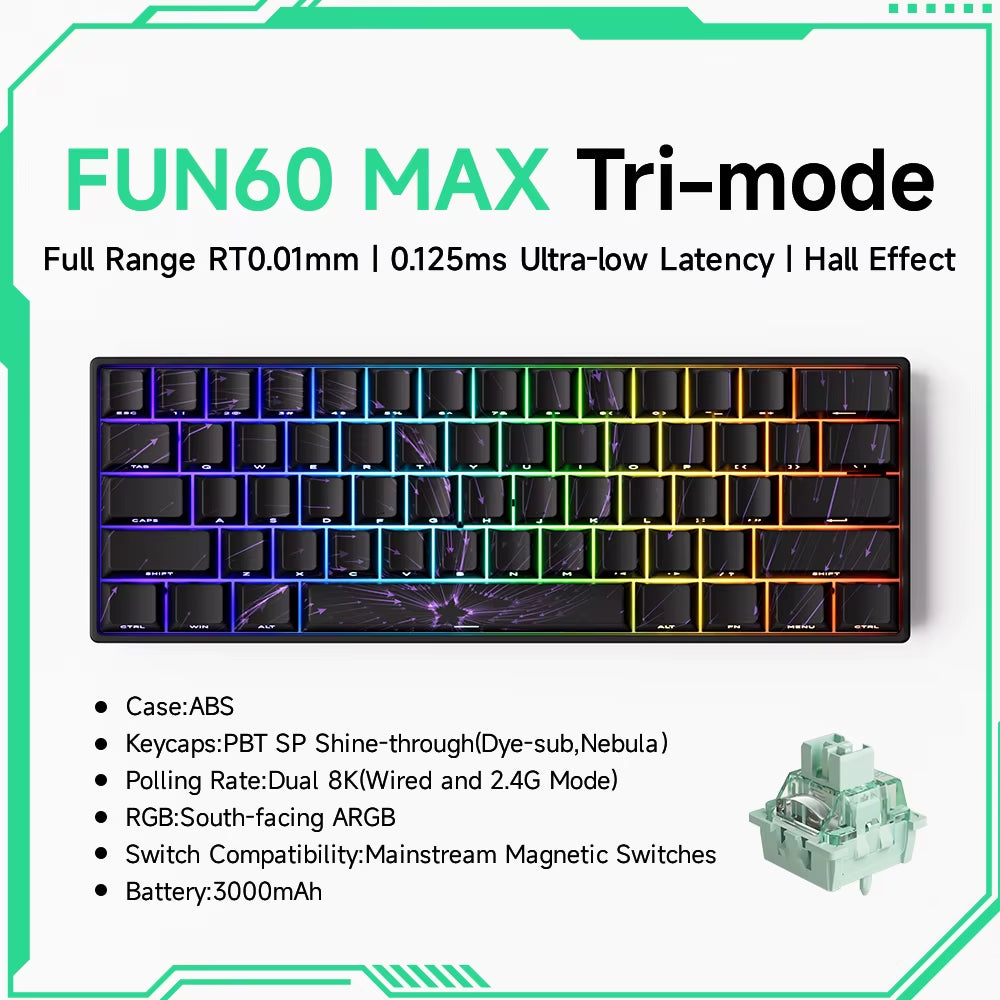 Monsgeek FUN60 60% Mechanical Gaming Keyboard - Magnetic Switch, 8K ARGB, Ultra-Fast 0.01mm Trigger, Customizable Design