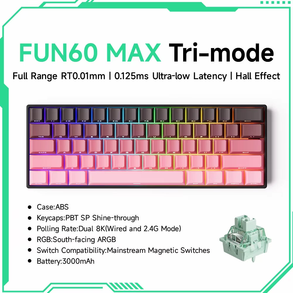 Monsgeek FUN60 60% Mechanical Gaming Keyboard - Magnetic Switch, 8K ARGB, Ultra-Fast 0.01mm Trigger, Customizable Design