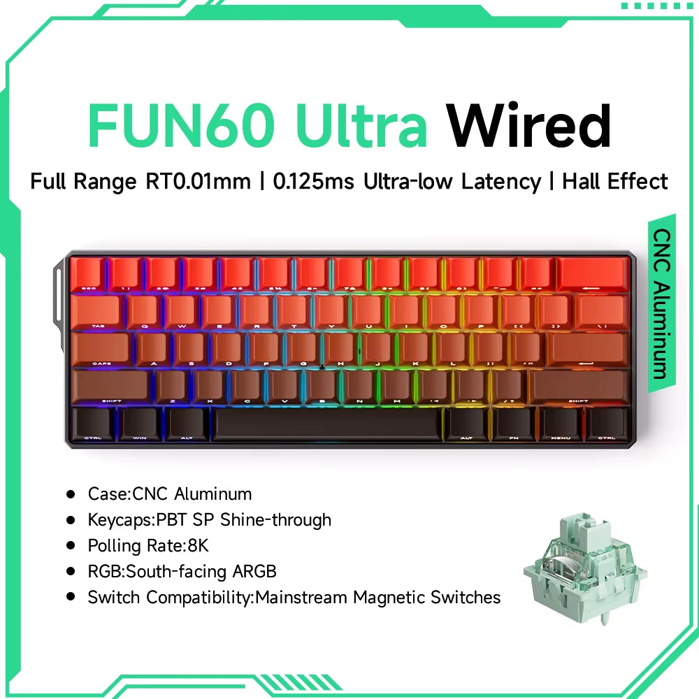 Monsgeek FUN60 60% Mechanical Gaming Keyboard - Magnetic Switch, 8K ARGB, Ultra-Fast 0.01mm Trigger, Customizable Design