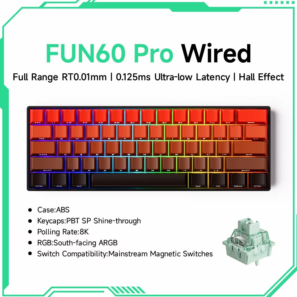 Monsgeek FUN60 60% Mechanical Gaming Keyboard - Magnetic Switch, 8K ARGB, Ultra-Fast 0.01mm Trigger, Customizable Design