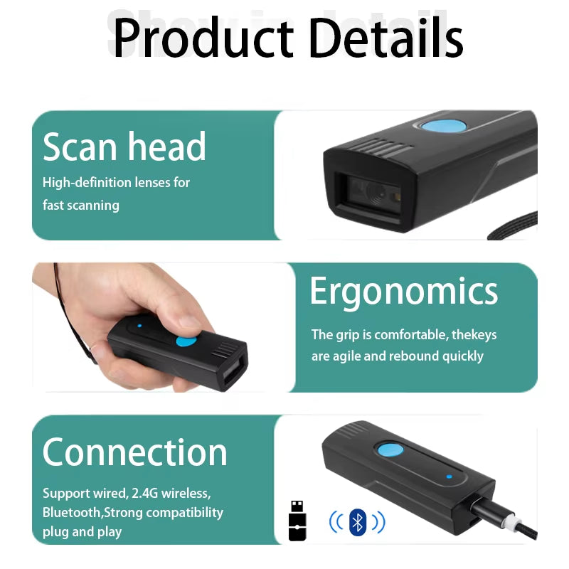 High-Speed Bluetooth Wireless Barcode Scanner - Compact Pocket Device for Easy Upload to Tablets, Phones, and Computers