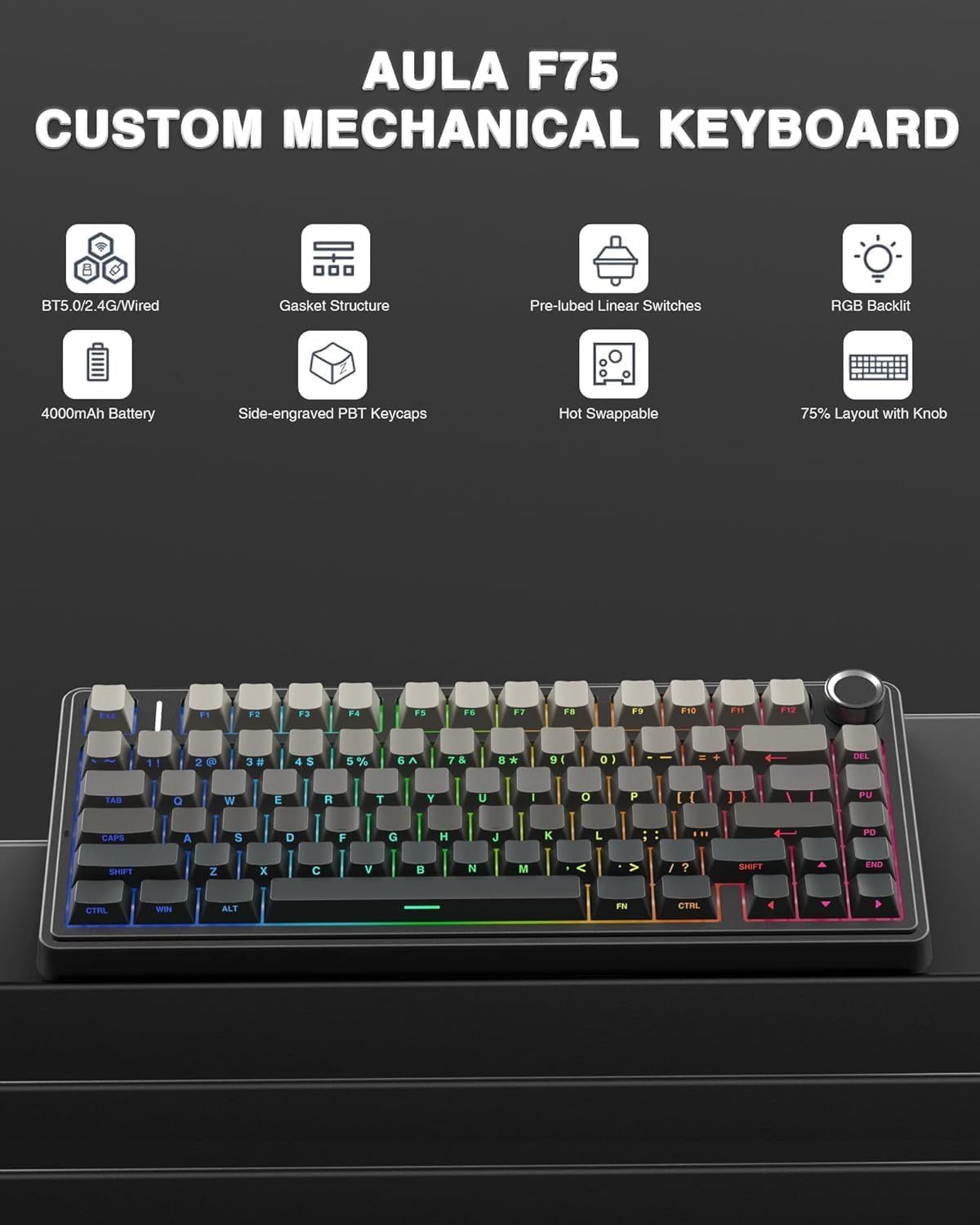 F75 Pro Wireless Mechanical Keyboard,75% Gasket Hot Swappable Custom Keyboard,Rgb Backlit,Pre-Lubed Reaper Switches,Side Printed PBT Keycaps,2.4Ghz/Usb-C/Bt5.0 Mechanical Gaming Keyboard