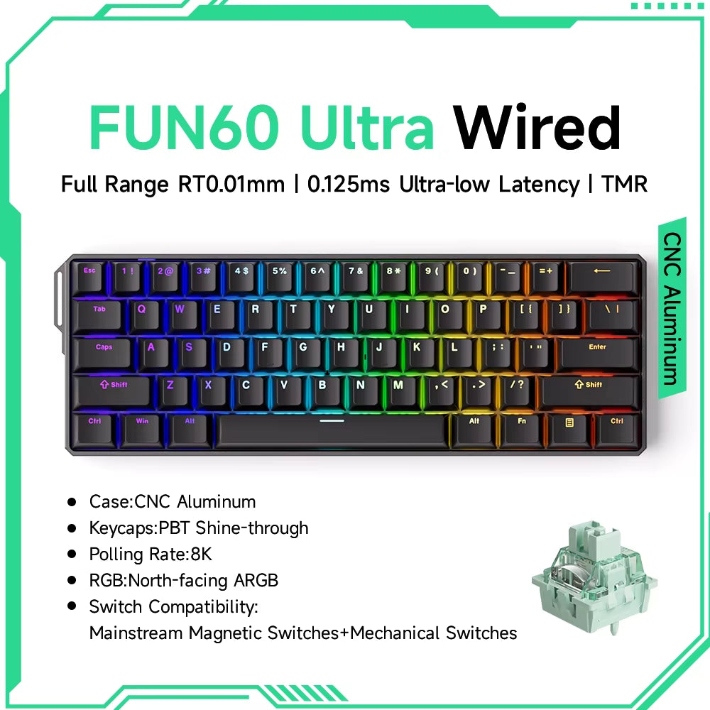 Monsgeek FUN60 60% Mechanical Gaming Keyboard - Magnetic Switch, 8K ARGB, Ultra-Fast 0.01mm Trigger, Customizable Design